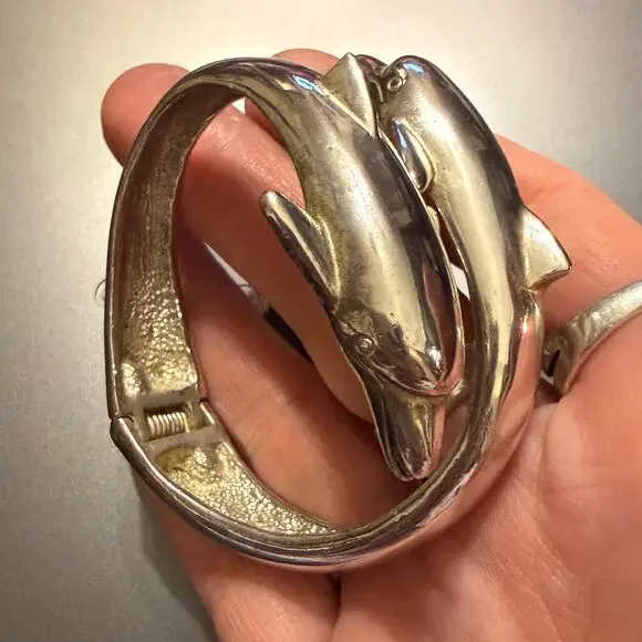 Sterling Silver 925 Twin Dolphin Hinge Bracelet (2.8 oz) - Picture 6 of 8